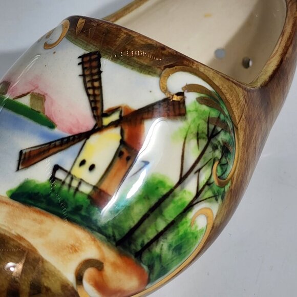 Hand Painted Ceramic Dutch Clog Whindmill Planter Shoe Brown Gold Vintage Japan - Picture 8 of 10